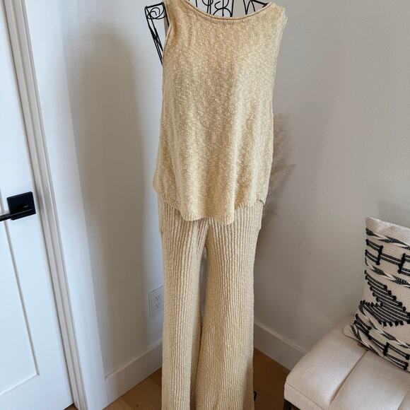 Free People Beach Oatmeal Yellow Ribbed Knit Sweater Wide Leg Pant Tank Set  XS - Picture 3 of 12
